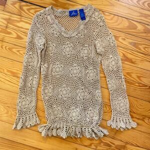 Y2K‎ Boho Crochet Open Knit Top Beaded Floral Beige Hippie Festival Fairy L